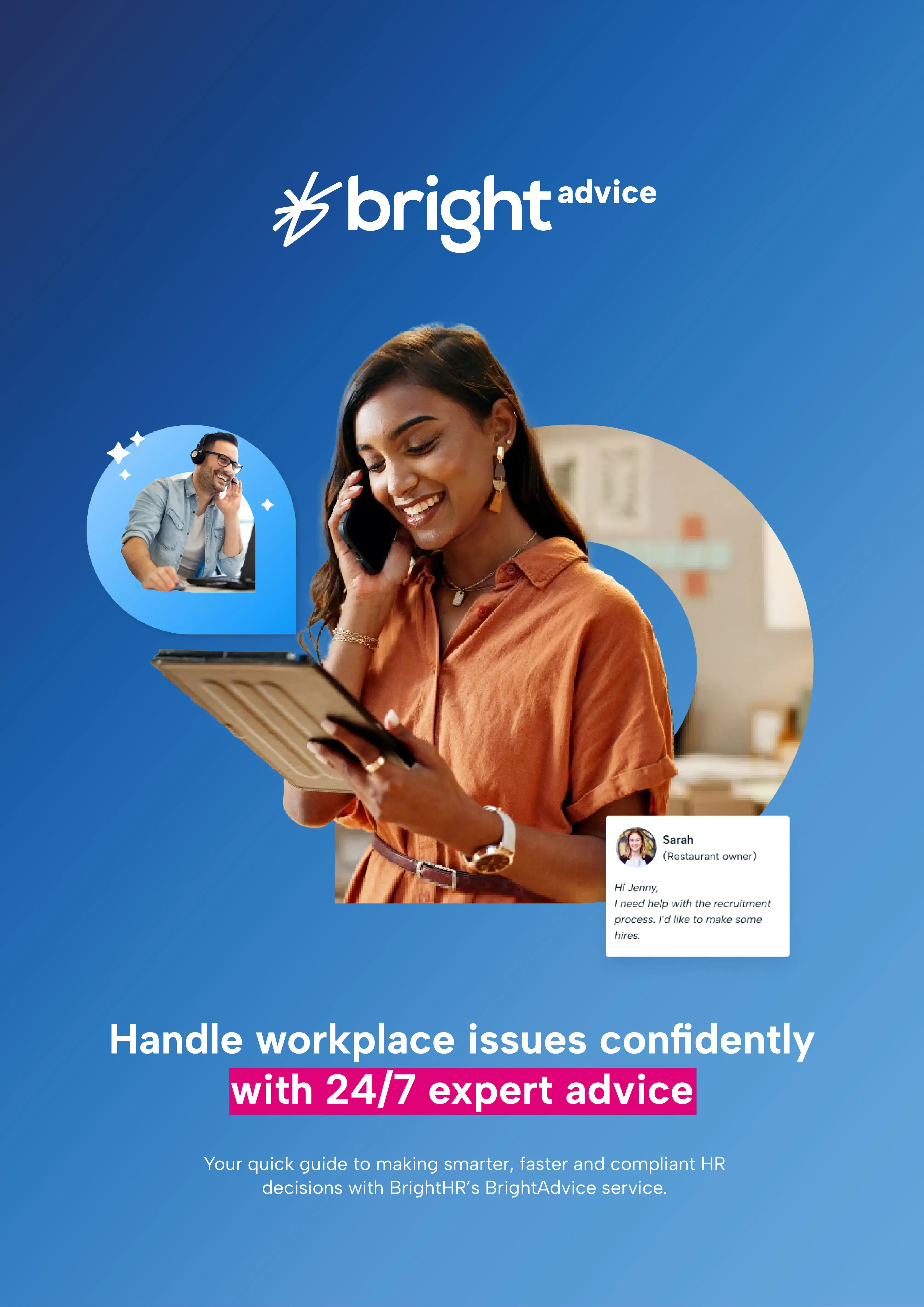 A woman is seen using a phone in a kitchen setting, with a phone call visible in the background. She is calling BrightAdvice.